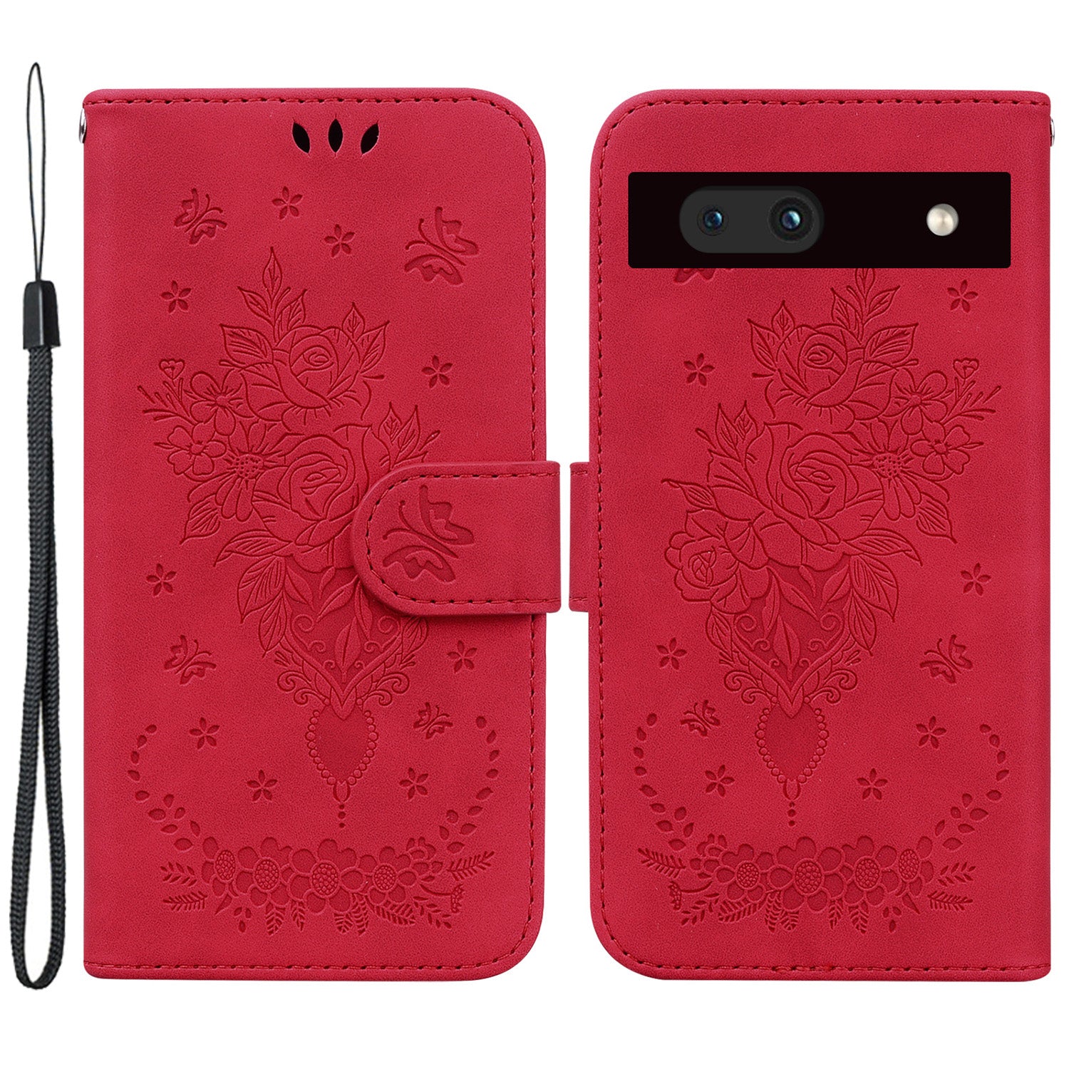 For Google Pixel 7a Anti-collision Imprinted Rose Butterfly PU Leather TPU Inner Shell Magnetic Closure Wallet Stand Phone Cover with Strap For Google Pixel 7a Anti-collision Imprinted Rose Butterfly PU Leather TPU Inner Shell Magnetic Closure Wallet Stand Phone Cover with Strap